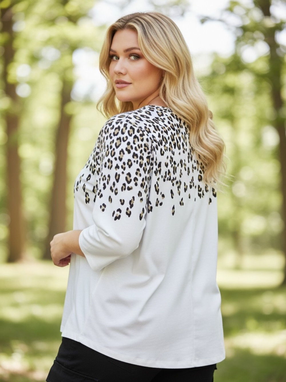 Kim Rogers Plus Size 4X White & Black Leopard Print Scoop Neck Top 100% Cotton - Picture 4 of 9